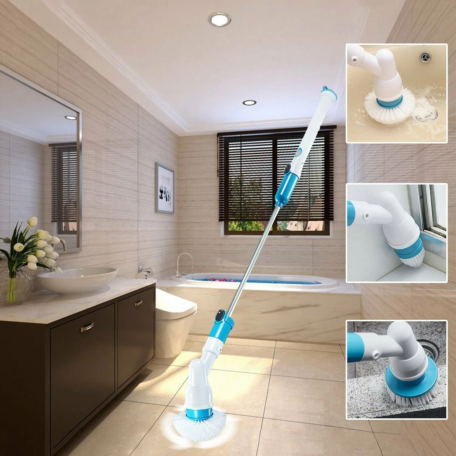 Rechargeable Bathtub Tiles Power Floor Cleaner Brush Cordless Handle Telescopic Cleaning Mops Tools With 3 Replaceable Brush Heads (image for) Rechargeable Bathtub Tiles Power Floor Cleaner Brush Cordless Handle Telescopic Cleaning Mops Tools With 3 Replaceable Brush Heads